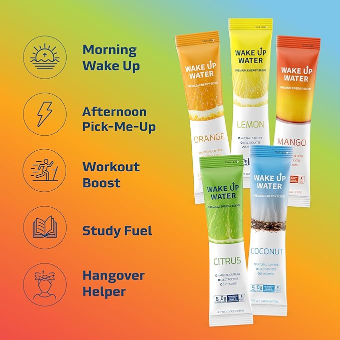 Wake Up Water - Energy + Hydration Sugar Free 15 Packet, Variety Pack - Energy Drink Powder, Electrolytes Powder Drink, Natural Caffeine Mix Packet, B Vitamins, 5 Calories, Gluten Free - .10 oz (2.9g)