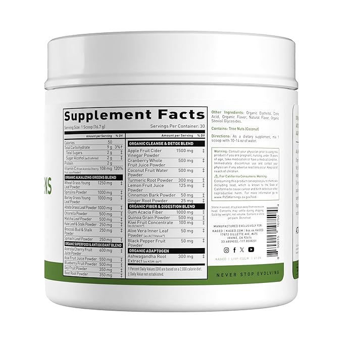 Kaged Organic Greens Superfood Powder, Outlive100 Lemon, Supergreens, Apple Cider Vinegar, Ashwagandha, 30 Servings