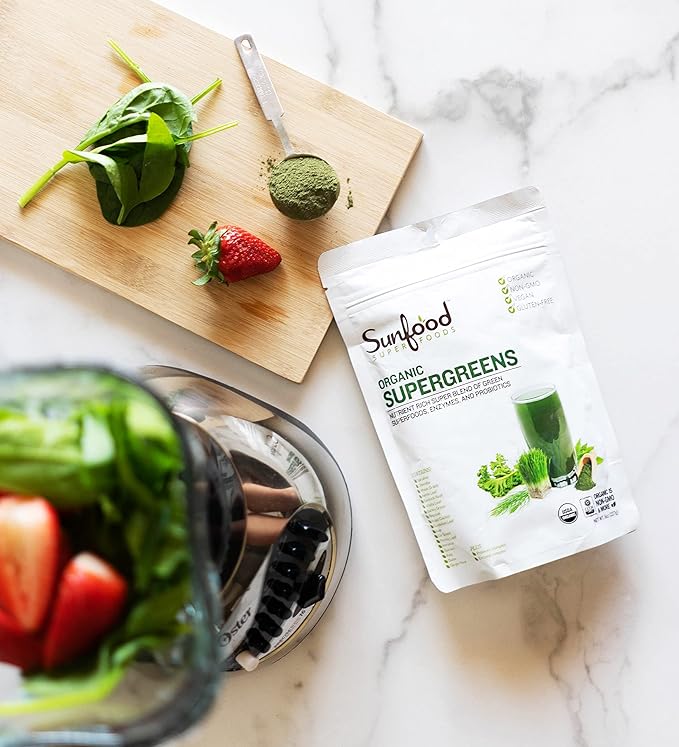Sunfood Supergreens - Greens Superfood Powder, Super Greens Powder, Organic Greens Blend, Daily Green Juice Powder, Vegetable Smoothie Drink Mix for Gut Health with Chlorella & Spirulina - 8 oz Bag