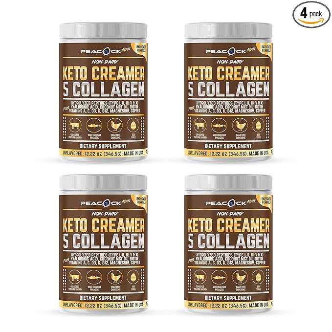 Peacock Max Collagen Keto Creamer Powder, Coconut MCT, Peptides, Unflavored, Hydrolyzed, B12, Magnesium (48.88 oz (Pack of 4))