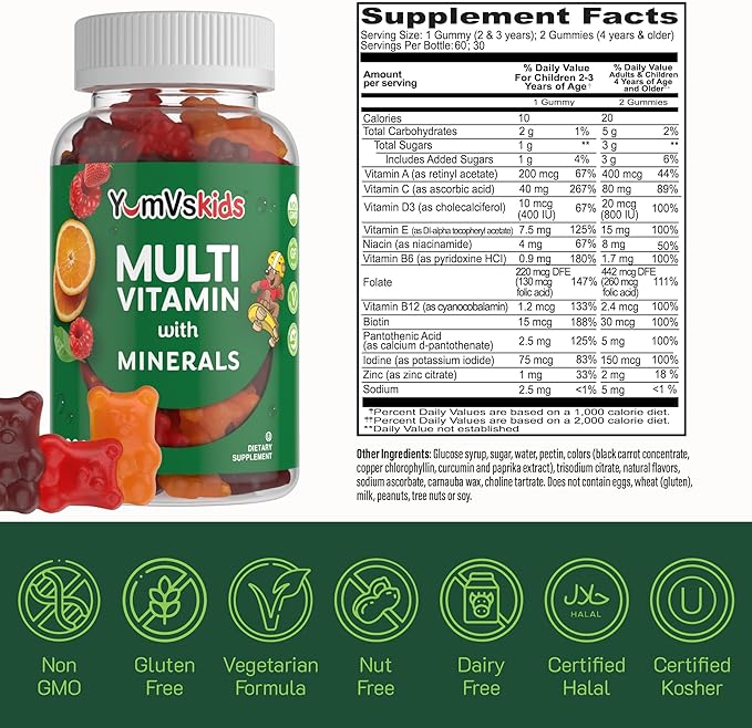 YumVs Kids Multivitamin Gummies 12 Minerals D3 E B6 B12 B12 - (120 Count)