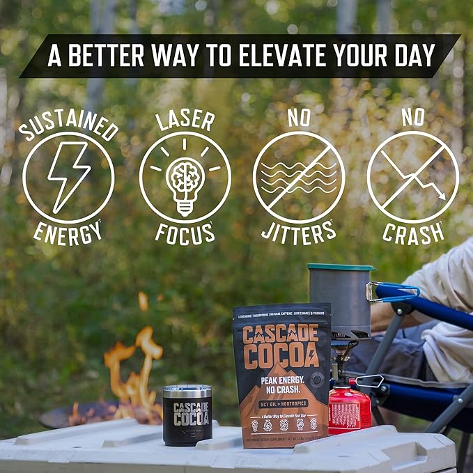 Cascade Cocoa - Nootropic Coffee Alternative | Caffeinated Hot Chocolate | Sustained Energy & Focus Without The Mid-Day Crash | 150mg Natural Caffeine | Lion's Mane + MCT OIL + L-Theanine + B Vitamins + More | One Tree Planted For Every Package Sold