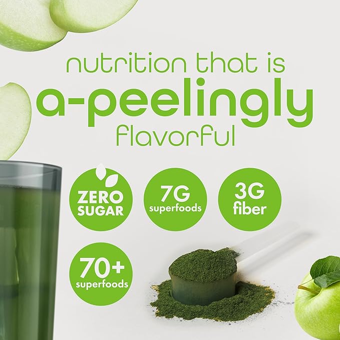 Zena Organic Super Greens Powder, 70+ Superfoods Drink Mix, 0 Sugar, 3G Fiber, Fruits, Veggies, Spirulina, Chlorella, Antioxidants, Pre & Probiotics, Digestive Enzymes, Green Apple Flavor, 30 Servings