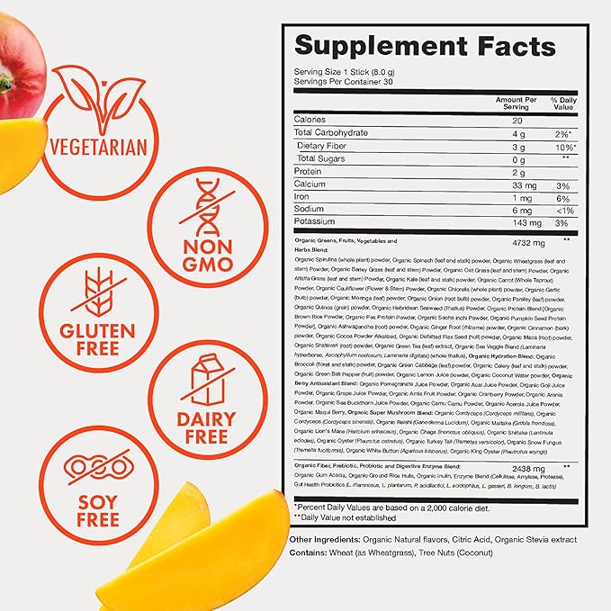 Zena Organic Super Greens Powder, 70+ Superfoods Drink Mix, 0 Sugar, 3G Fiber, Fruits, Veggies, Spirulina, Chlorella, Antioxidants, Pre & Probiotics, Digestive Enzymes, Mango Flavor, 30 Packets