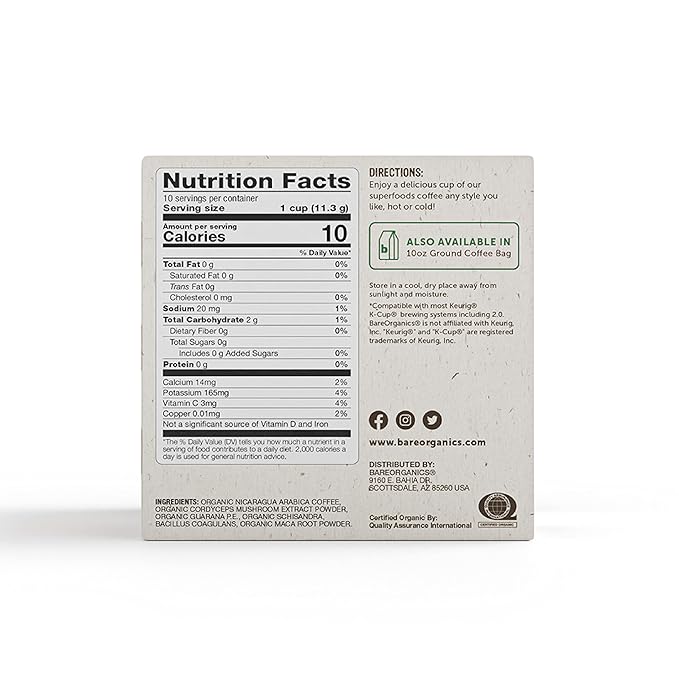 BareOrganics Energy Medium Roast Coffee, Organic, 10 K-Cup Pods, Superfoods & Probiotics Infused, Vegan, Gluten Free, 10 Single Serve Cups