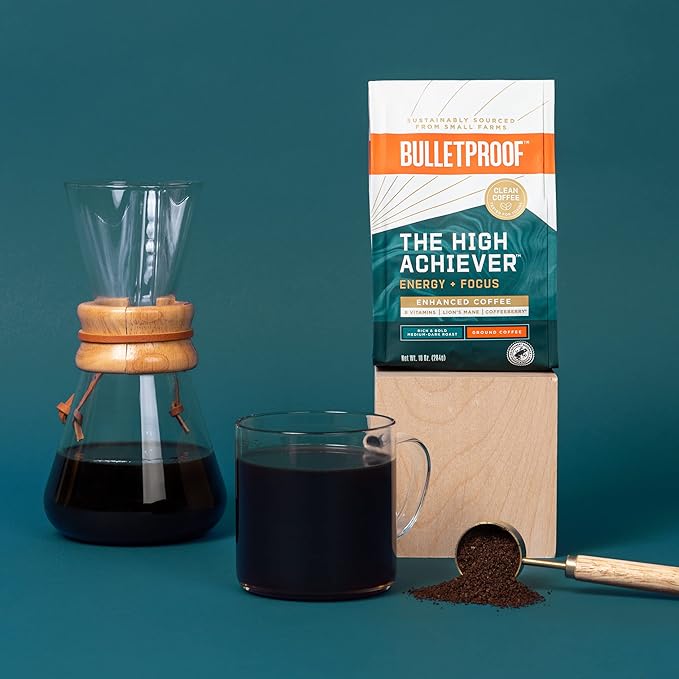 Bulletproof The High Achiever Ground Coffee, 10 Ounces (Pack of 3), Medium-Dark Roast Enhanced Coffee with Lion's Mane Mushroom, B Vitamins, and Adaptogens for Energy and Focus