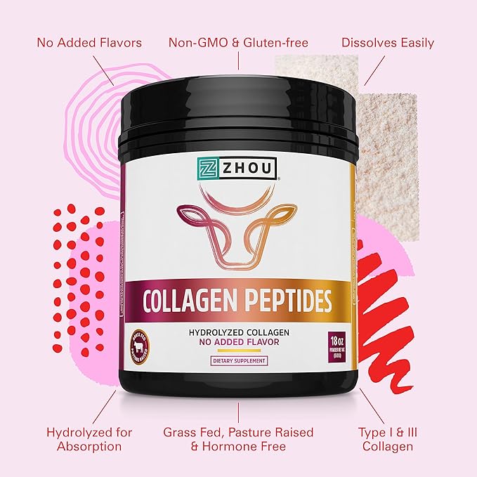 Zhou Collagen Peptides Hydrolyzed Protein Powder Non-GMO,18 Ounce