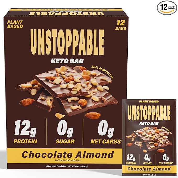 UNSTOPPABLE Vegan Protein Bars, High Protein, Plant Based, Gluten Free, High Fiber, Low Carb, Low Calorie, Healthy Snacks, No Sugar, Keto Energy Bar, Chocolate Almond, 12 Count