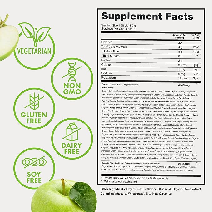 Zena Organic Super Greens Powder, 70+ Superfoods Drink Mix, 0 Sugar, 3G Fiber, Fruits, Veggies, Spirulina, Chlorella, Antioxidants, Pre & Probiotics, Digestive Enzymes, Green Apple Flavor, 30 Packets