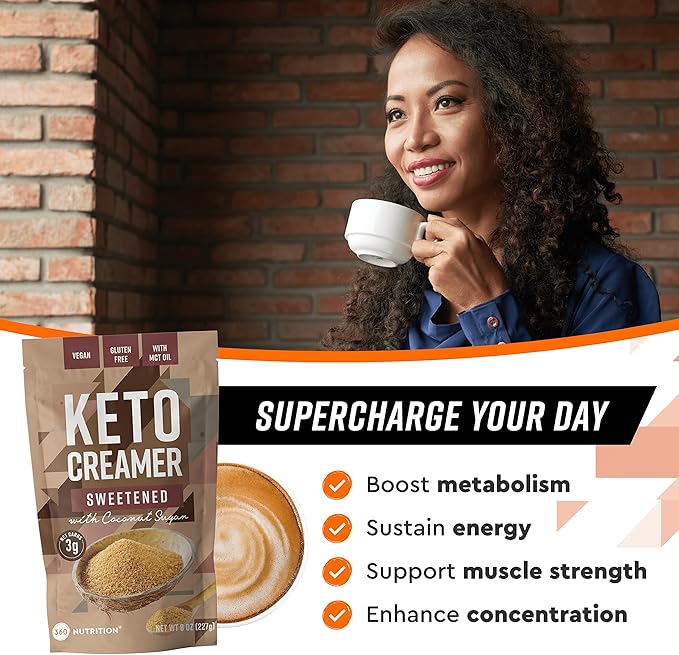 360 Nutrition Keto Coffee Creamer with MCT Oil Powder, Gluten Free, Vegan, Sweetened with Coconut Sugar, Low Carb Non Dairy Creamer for Keto Diet with 3g Net Carbs, No Added Sugar, 45 Servings, 8 oz