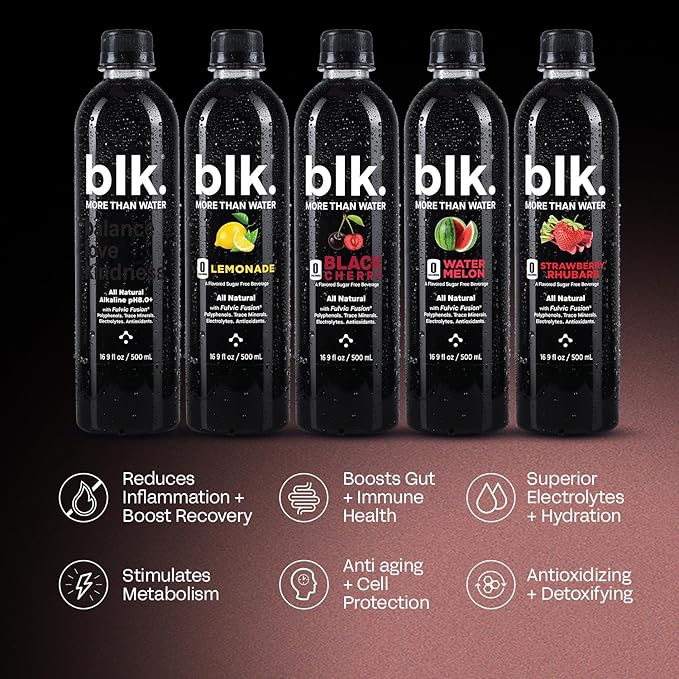 blk. Natural Mineral Alkaline Water, 16.9 oz. (500 mL), 12 Pack, 8 pH Water, Bioavailable Fulvic & Humic Acid Extract, Trace Minerals, Electrolytes to Hydrate, Repair & Restore Cells