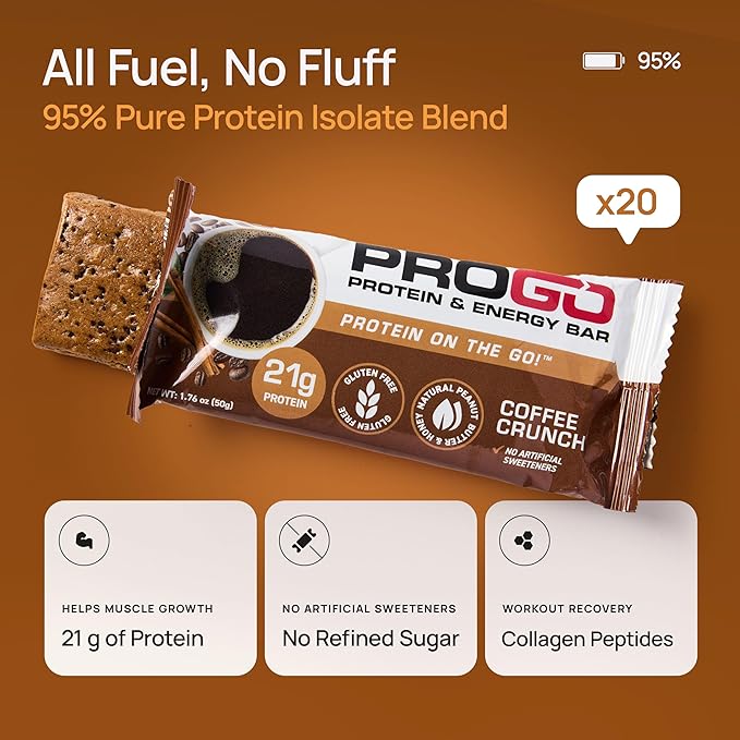 ProGo Protein Bars, Energy Bars – 21g Clean Protein, 95% Pure Isolate for Muscle Growth, Collagen for Recovery, Low Calorie, Sweetened w/ Honey & Peanut Butter (20-Count, Coffee Crunch)
