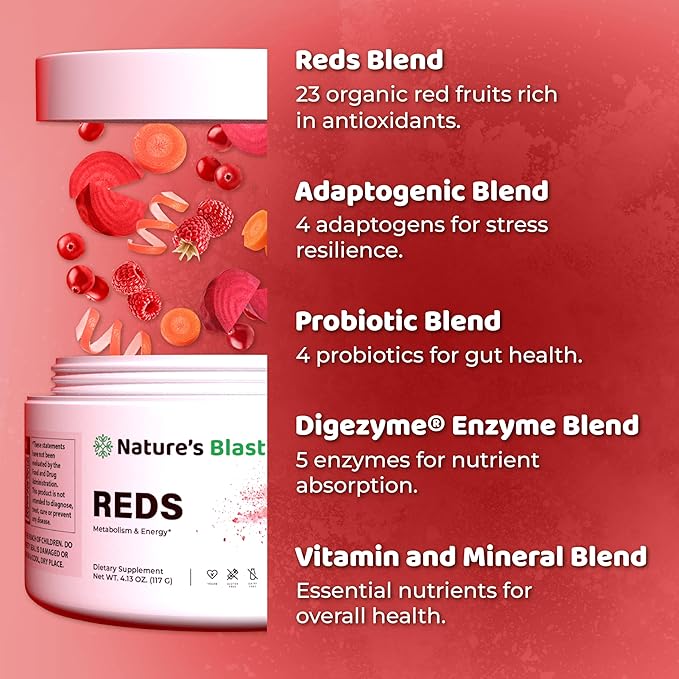 Reds - Metabolism and Energy Superfood Powder with 23 Red Fruits, 4 Adaptogens, Probiotics & Enzymes - Vegan Antioxidant Blend, 1 Bottle