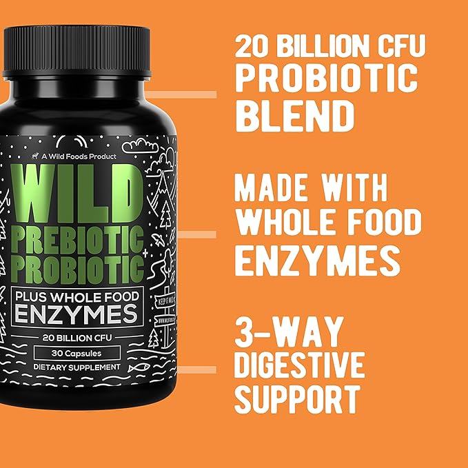 Wild Prebiotics and Probiotics with Digestive Enzymes 20 Billion 10 Strains 30 Capsules