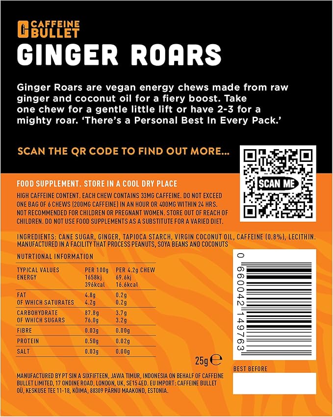 Ginger Roars - Caffeine Ginger Chews - 12 Caffeine Candies Each 33mg Caffeine with a Delicious Natural Honey Ginger Flavour & Fiery hint. Plant Based Energy Shots, a Vegan Healthy Snack for Adults.