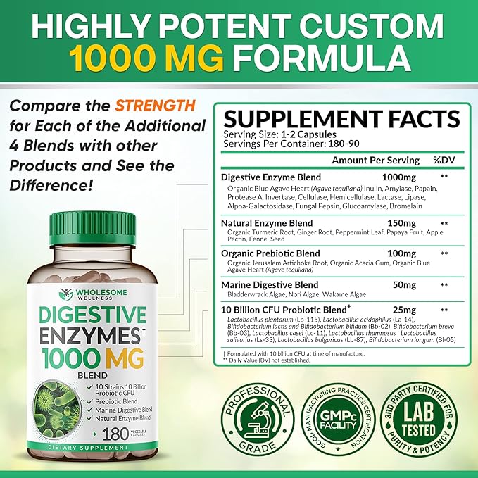 Wholesome Wellness Digestive Enzymes 1000MG Plus 180 Capsules, Bromelain,3-6 Months