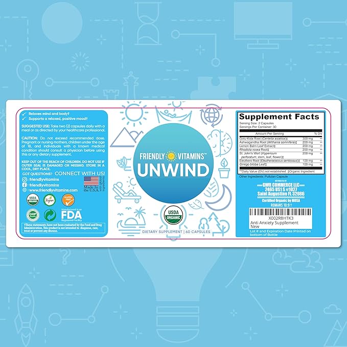 Stress Relief Supplement Anxiety Support -Unwind 60 Organic