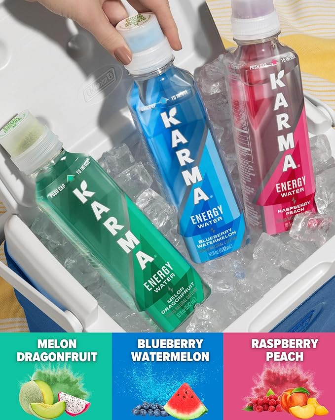 Karma Natural Energy Drink - 12 Pack, Blueberry Watermelon Caffeinated Water - Clean Focus & Energy Boost