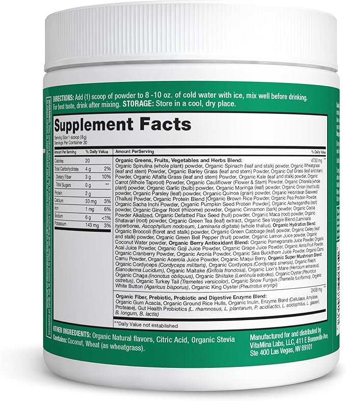 Zena Organic Super Greens Powder, 70+ Superfoods Drink Mix, 0 Sugar, 3G Fiber, Fruits, Veggies, Spirulina, Chlorella, Antioxidants, Pre & Probiotics, Digestive Enzymes, Mango Flavor, 30 Servings