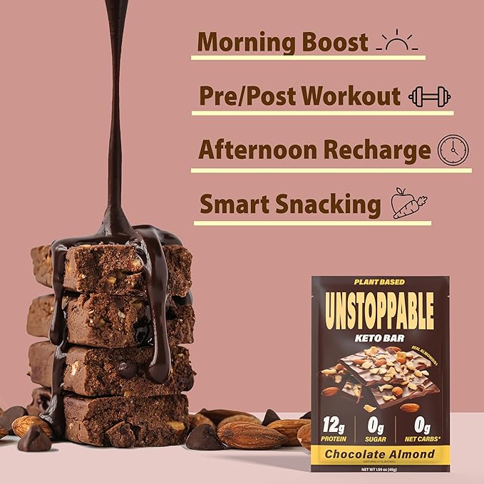 UNSTOPPABLE Vegan Protein Bars, High Protein, Plant Based, Gluten Free, High Fiber, Low Carb, Low Calorie, Healthy Snacks, No Sugar, Keto Energy Bar, Chocolate Almond, 12 Count