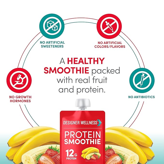 Designer Wellness Protein Smoothie, Real Fruit, 12g Protein, Low Carb, Zero Added Sugar, Gluten-Free, Non-GMO, No Artificial Colors or Flavors, Strawberry Banana, 24 Count