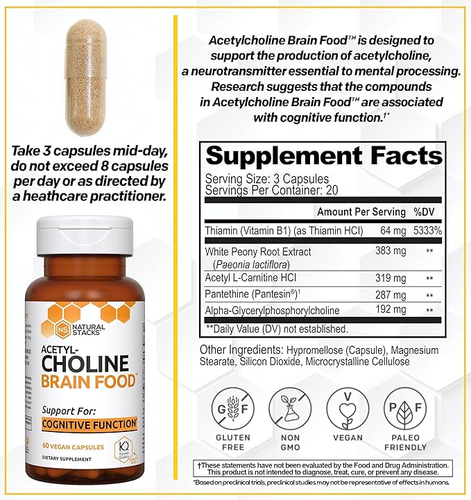 Acetylcholine Brain Food - Acetyl L-Carnitine & Alpha GPC Supplement - Supports Production of Acetylcholine - Neurotransmitter Supplement for Cognitive Function - 60 Capsules