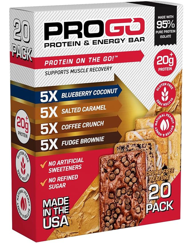 ProGo Protein Bars, Energy Bars – Up to 22g Clean Protein, 95% Pure Isolate for Muscle Growth, Collagen for Recovery, Low Calorie, Sweetened w/Honey & Peanut Butter (20-Count, Variety Pack)