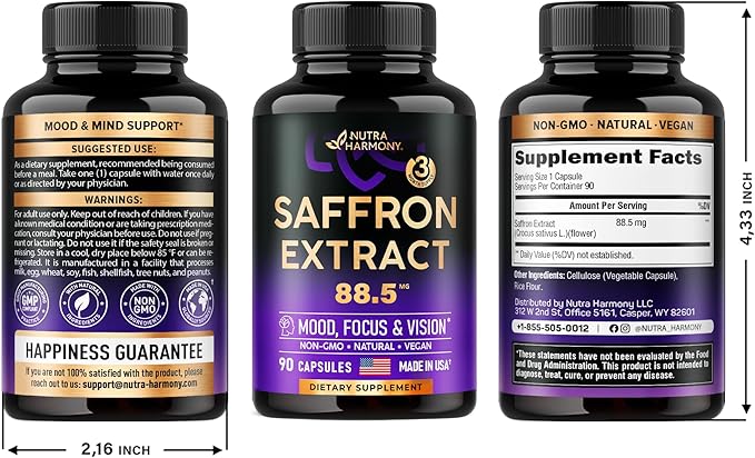 Natural Saffron Supplements 88.5 mg 90 Powder 3 Month
