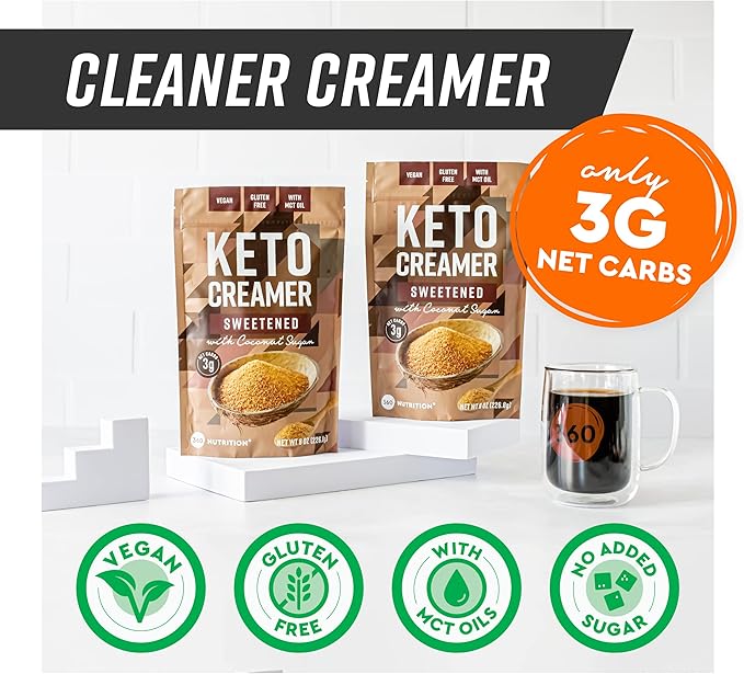 360 Nutrition Keto Coffee Creamer with MCT Oil Powder, Gluten Free, Vegan, Sweetened with Coconut Sugar, Low Carb Non Dairy Creamer for Keto Diet with 3g Net Carbs, No Added Sugar, 45 Servings, 8 oz