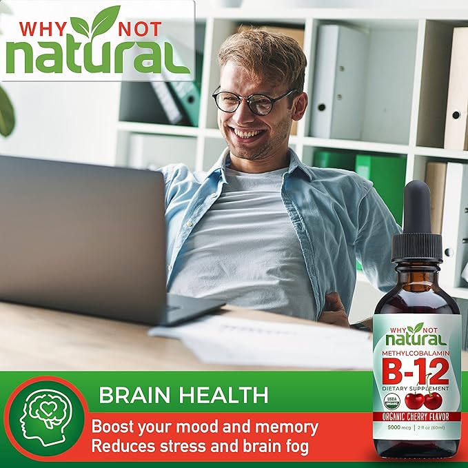 Why Not Natural Organic Vitamin B12 Liquid - Sublingual Extra Strength 60 x 5000 mcg Methylcobalamin Drops, Vegan, Maximize Absorption and Energy