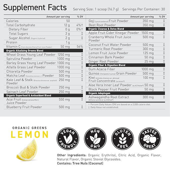 Kaged Organic Greens Superfood Powder, Outlive100 Lemon, Supergreens, Apple Cider Vinegar, Ashwagandha, 30 Servings