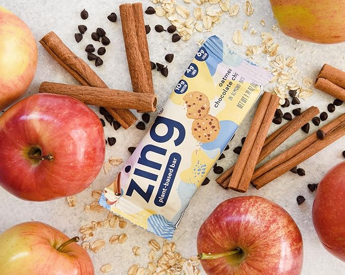 Zing Oatmeal Chocolate Chip Vegan Protein Bars, Gluten Free with High Protein, High Fiber, Dairy Free Nutrition Bars, Plant Based Protein, Kosher, Low Sugar, No Sugar Alcohols - 12 count