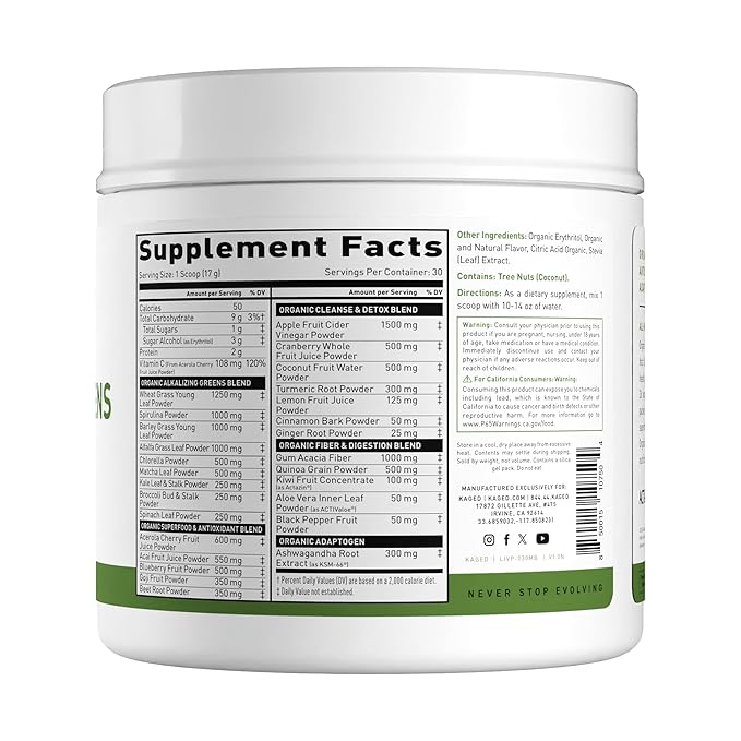 Kaged Organic Greens Superfood Powder, Outlive100 Berry, Supergreens, Apple Cider Vinegar, Ashwagandha, 30 Servings