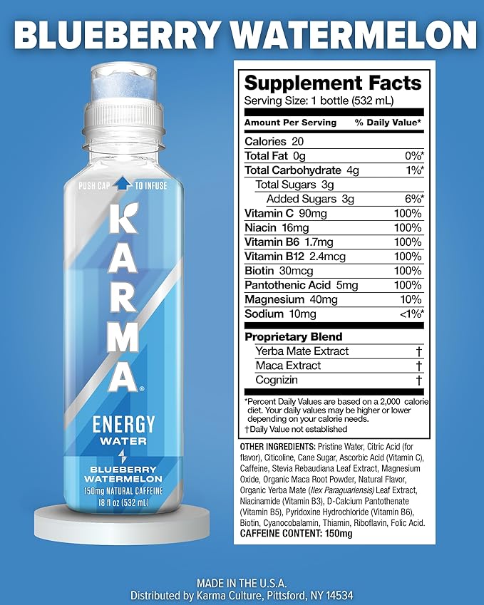 Karma Natural Energy Drink - 12 Pack, Blueberry Watermelon Caffeinated Water - Clean Focus & Energy Boost