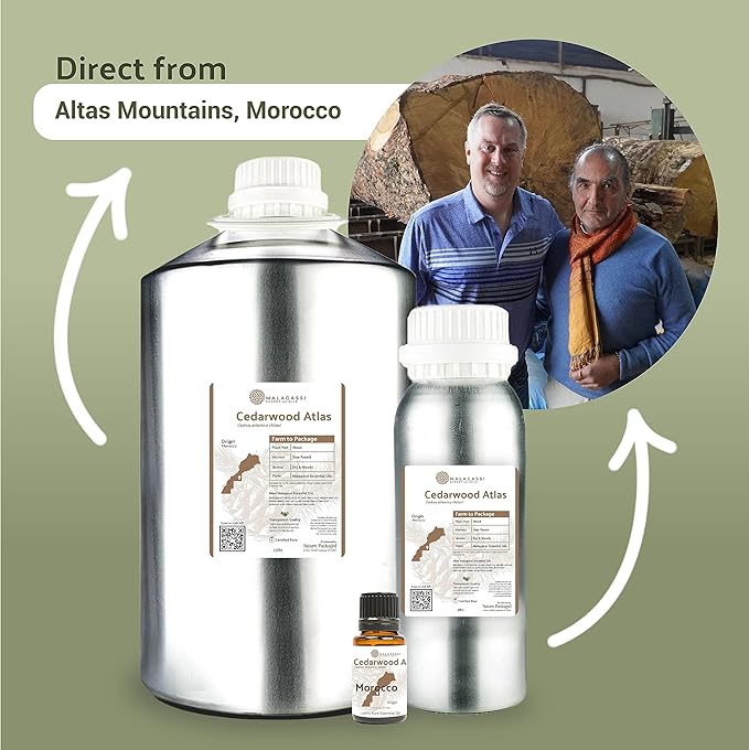 Pure Cedarwood (Atlas) Essential Oil (25lbs) - Direct from Malagassi Essential Oils Farm in Morocco - Essential Oils for Diffusers and Aromatherapy | Pure Therapeutic Grade