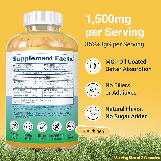 Sugar-Free Colostrum Gummies (1500mg) Bovine Colostrum for Humans, Grass-Fed Supplement for Gut Health, Leaky Gut Repair, Immune Support, Skin Health - 35% IgG Per Serving