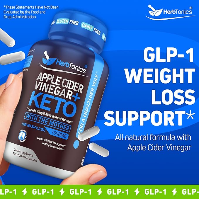 Herbtonics GLP-1 Weight Loss Supplement - Appetite Suppressant Apple Cider Vinegar Capsules - Weight Loss Pills for Women & Men - Fat Burner & Metabolism Support | 120 Keto ACV Capsules