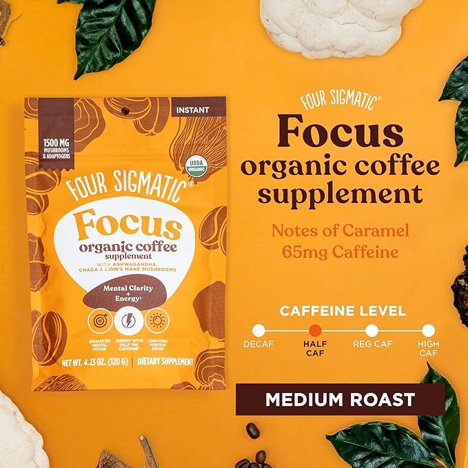 Four Sigmatic Focus Organic Mushroom Coffee | 1500mg of Adaptogens per Serving | Lion's Mane, Chaga, Rhodiola, Ashwagandha & Mucuna for Energy, Focus, Positive Mood & Immune Support | 30 Servings