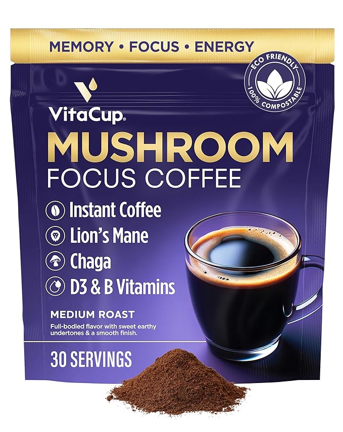 VitaCup Focus Mushroom Instant Coffee | For Memory & Clarity Support | with Fiber, Chaga, Lion’s Mane | D3 & B Vitamins | Medium Roast 100% Arabica & Robusta Instant Coffee | 30 Servings