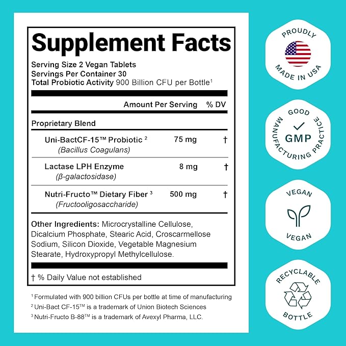 Probiotics for Women and Men - with Natural Lactase Enzyme & Prebiotic Fiber for Digestive Health - 80%+ Stronger Supplement for Gut Health Support - Vegan Raw Probiotic Formula, 3 Count of 60 Tablets