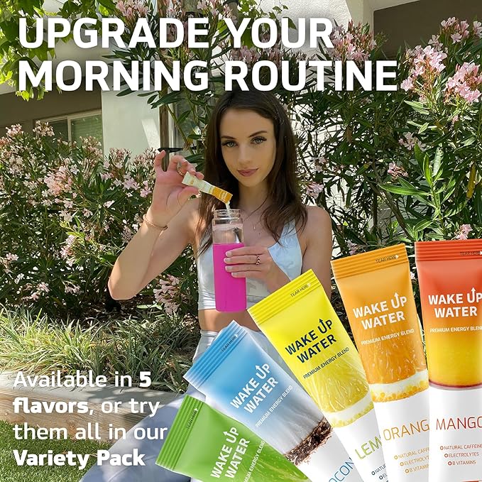 Wake Up Water - Energy + Hydration Sugar Free 15 Packet, Variety Pack - Energy Drink Powder, Electrolytes Powder Drink, Natural Caffeine Mix Packet, B Vitamins, 5 Calories, Gluten Free - .10 oz (2.9g)