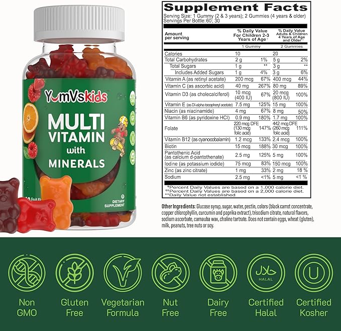 YumVs Kids Multivitamin Gummies 12 Minerals D3 E B6 B12 B12 - (60 Count)