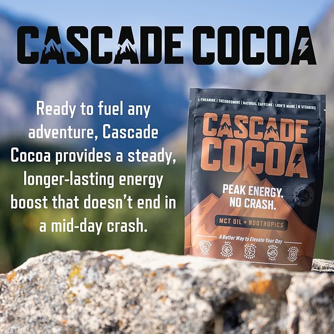 Cascade Cocoa - Nootropic Coffee Alternative | Caffeinated Hot Chocolate | Sustained Energy & Focus Without The Mid-Day Crash | 150mg Natural Caffeine | Lion's Mane + MCT OIL + L-Theanine + B Vitamins + More | One Tree Planted For Every Package Sold