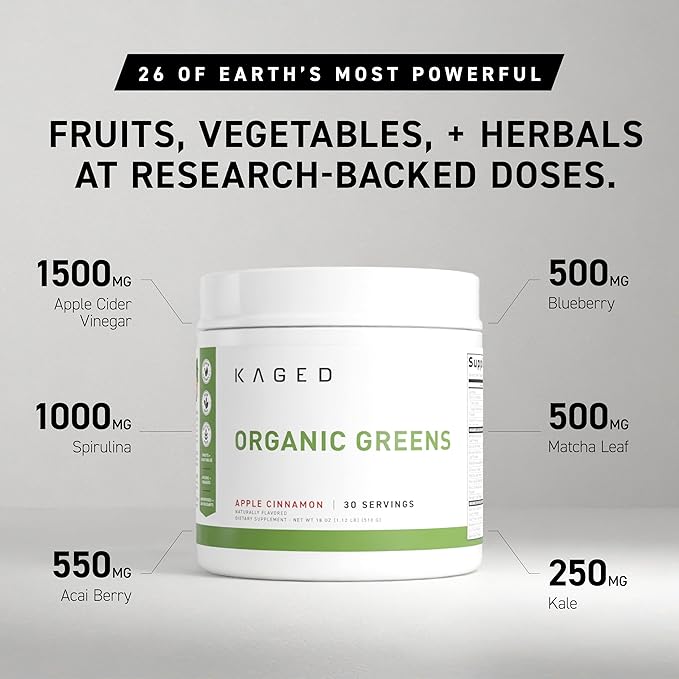 Kaged Organic Greens Superfood Powder, Outlive100 Apple Cinnamon, Supergreens, Apple Cider Vinegar, Ashwagandha, 30 Servings
