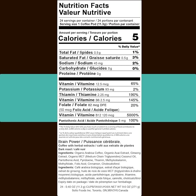 SOLLO Brain Power Dark Coffee Pods MCT & Essential nutrition, Nootropic Brain Booster, For Memory & Focus Compatible with 2.0 K-Cup Keurig Brewers, 24 Count