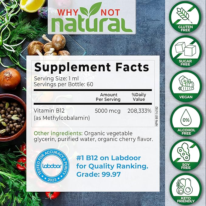 Why Not Natural Organic Vitamin B12 Liquid - Sublingual Extra Strength 60 x 5000 mcg Methylcobalamin Drops, Vegan, Maximize Absorption and Energy