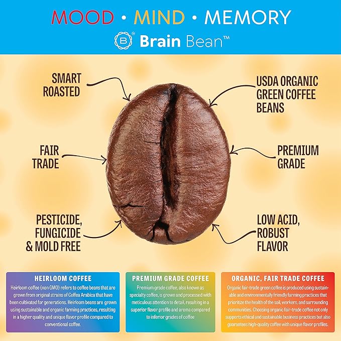 Brain Bean Organic Coffee - Smooth Taste, Antioxidant Rich & Fair Trade - Whole Bean Medium Roast 16 Oz (3 Pack)