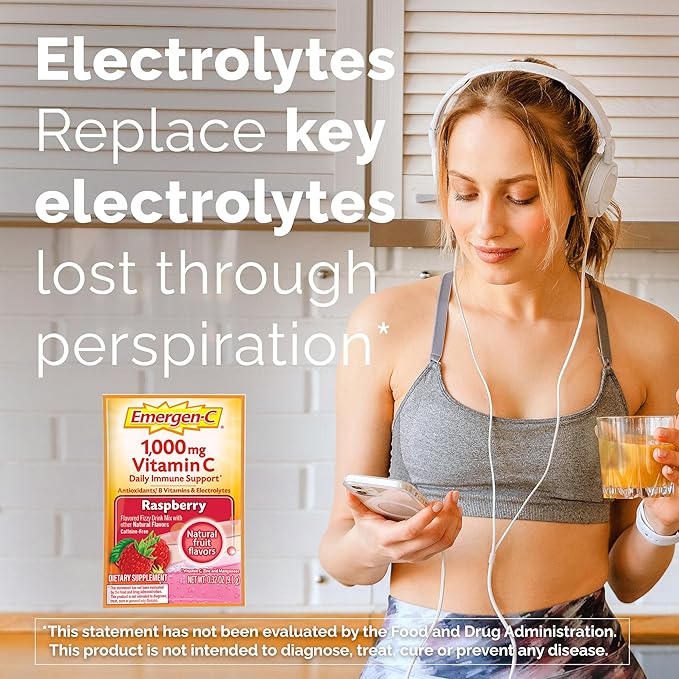 Emergen-C 1000mg Vitamin C Powder, with Antioxidants, B Vitamins and Electrolytes, Supplements for Immune Support, Caffeine Free Fizzy Drink Mix, Raspberry Flavor - 30 Count/1 Month Supply