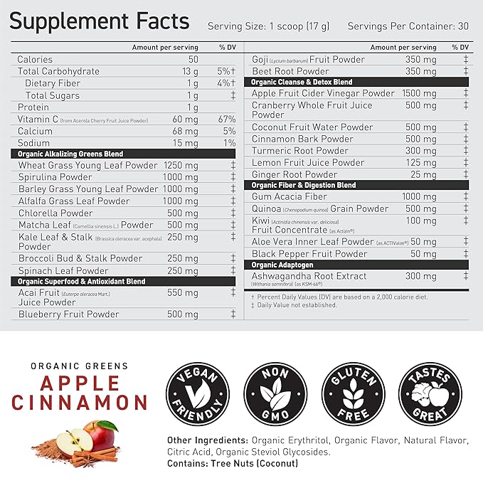 Kaged Organic Greens Superfood Powder, Outlive100 Apple Cinnamon, Supergreens, Apple Cider Vinegar, Ashwagandha, 30 Servings