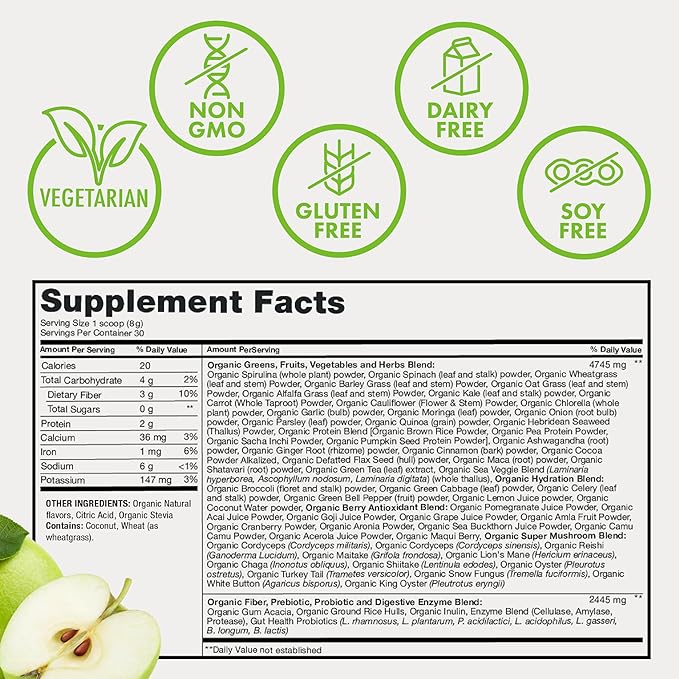 Zena Organic Super Greens Powder, 70+ Superfoods Drink Mix, 0 Sugar, 3G Fiber, Fruits, Veggies, Spirulina, Chlorella, Antioxidants, Pre & Probiotics, Digestive Enzymes, Green Apple Flavor, 30 Servings